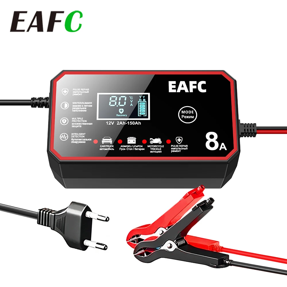 Cargador de batería inteligente de 12V y 8A, carga de reparación de pulso automática LCD para cargador de batería de motocicleta y coche, batería de plomo-ácido