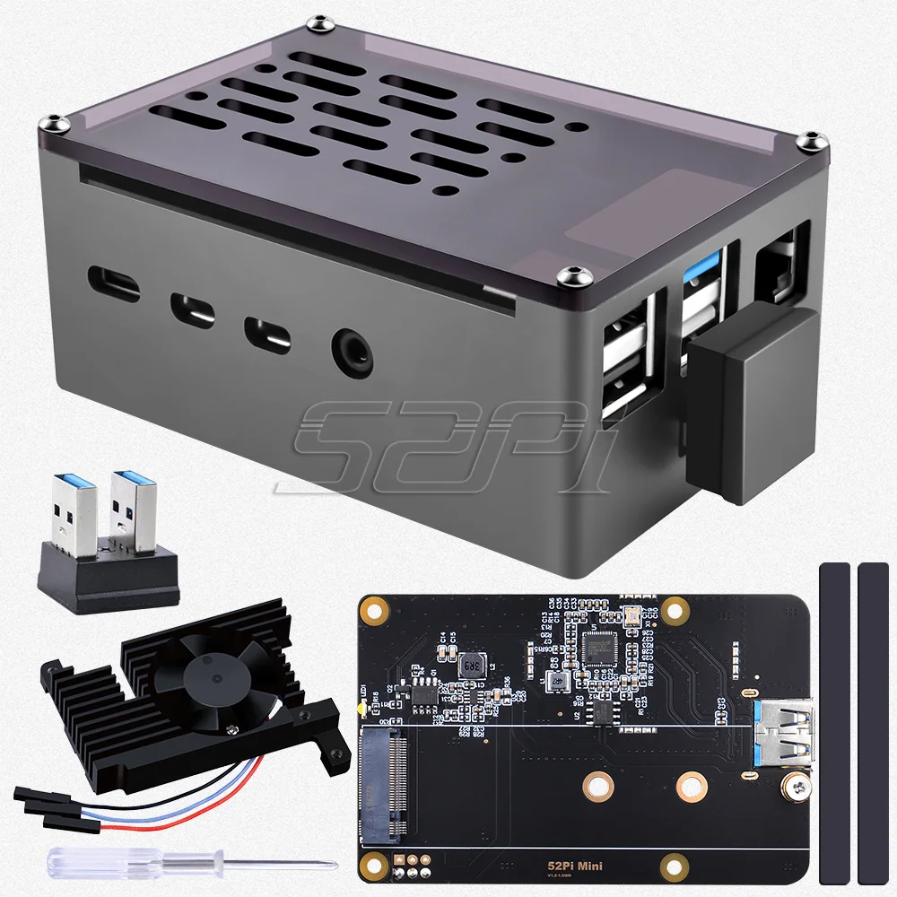 Caja de ladrillo de aluminio de 52Pi, carcasa de cierre negra con velocidad ajustable, ventilador de refrigeración silencioso 3510 y SSD M.2 Sata para RPI 4B - imagen 2
