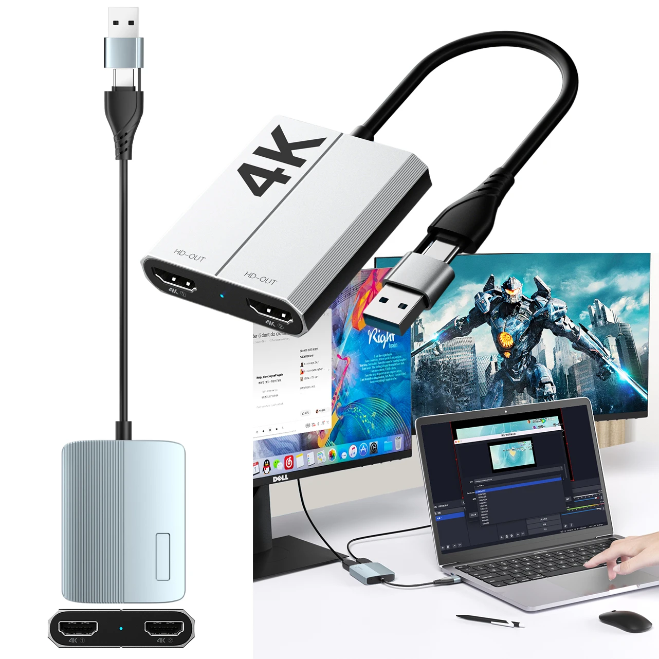 Adaptador USB tipo C a HDMI dual 4K 1080P para ordenador portátil, dos monitores extendidos, Compatible con MacOS10.15 Windows10/11