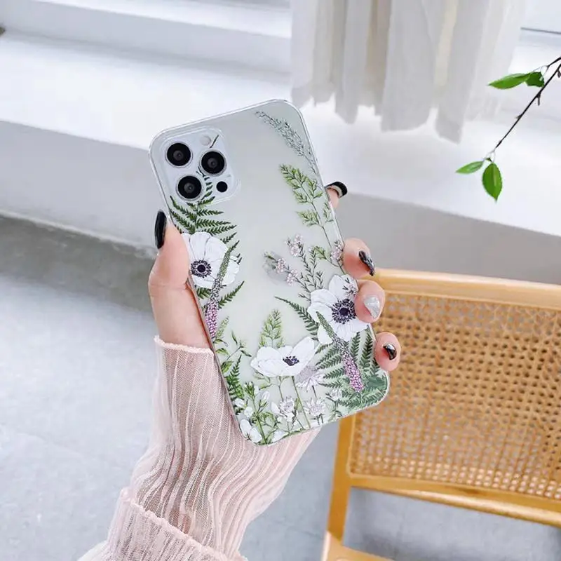 Funda Floral de flores verdes para Iphone 15 Pro Max 11 14 13 12 Mini 6s 6 7 8 Plus X XS XR, Funda de silicona suave transparente - imagen 2