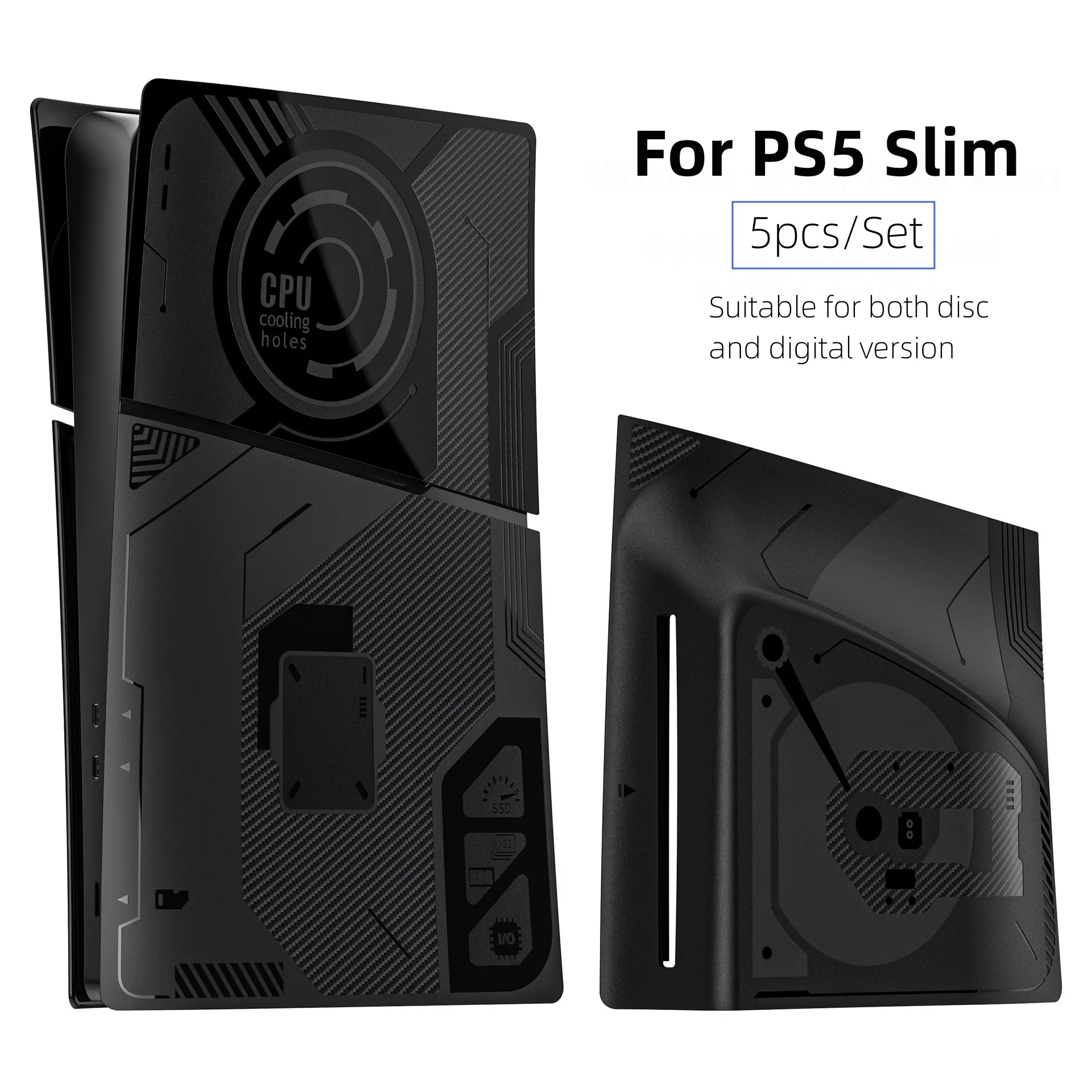 Placa frontal de 5 piezas compatible con PS5 Slim Disc y placas de cubierta de edición digital CPU de repuesto accesorios de consola de carcasa negra