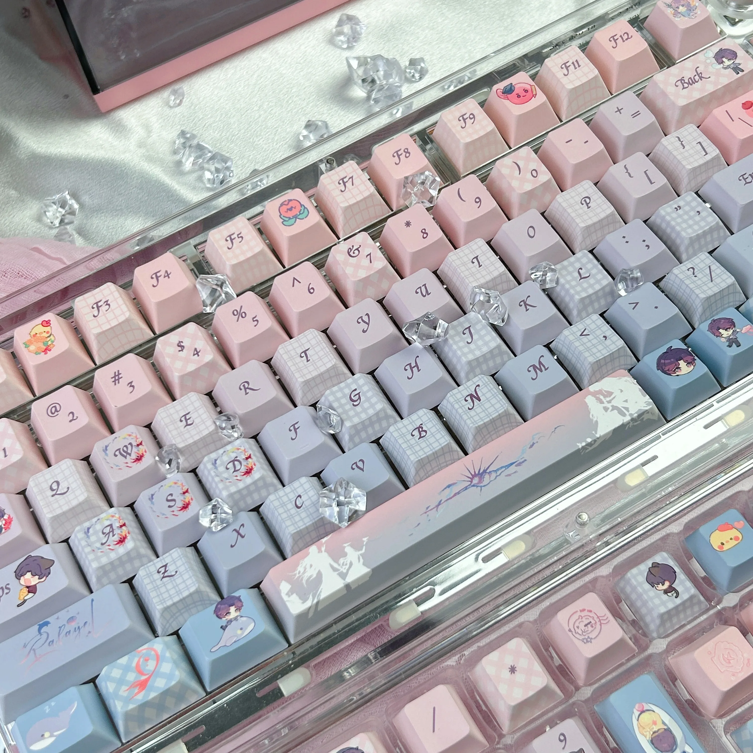 Love and Deepspace-teclas Rafayel, perfil de cereza, rosa, púrpura, gradiente, juego, dibujos animados, versión Q, teclas de teclado PBT - imagen 5