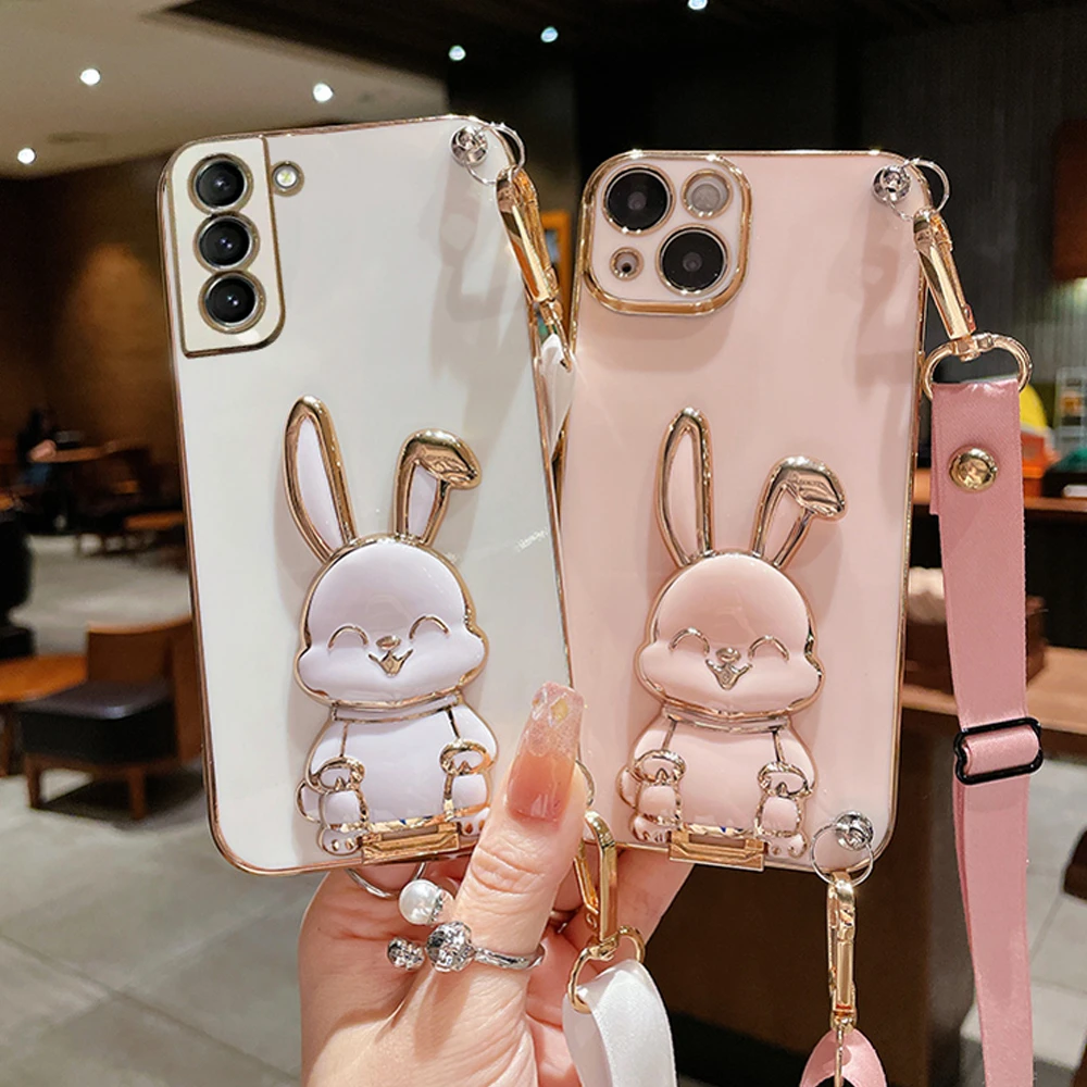 Funda de teléfono con cordón cruzado y soporte de conejo enchapado para Huawei P50 P40 P30 P20 Pro Lite Mate 20 30 40 50 Pro P Smart 2021