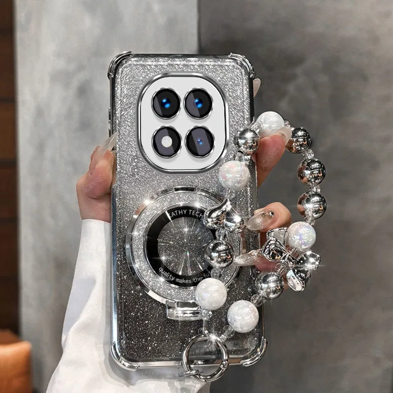 Funda de teléfono con soporte magnético brillante para Xiaomi Redmi Note 14 15 Pro Plus 15 15C 14C 14S 4G 5G, funda de silicona con pulsera de lazo - imagen 4