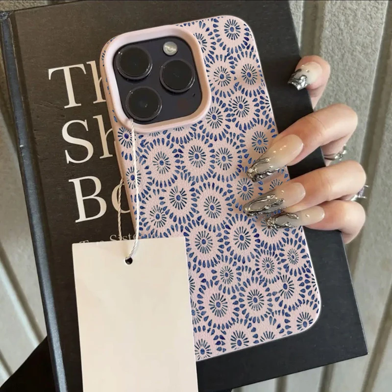 Funda de teléfono con textura de lichi y patrón Floral azul para iPhone 17 16 15 14 13 12 11 Pro Max 17 Air 15 14 Plus X XS XR 16E, funda suave - imagen 5