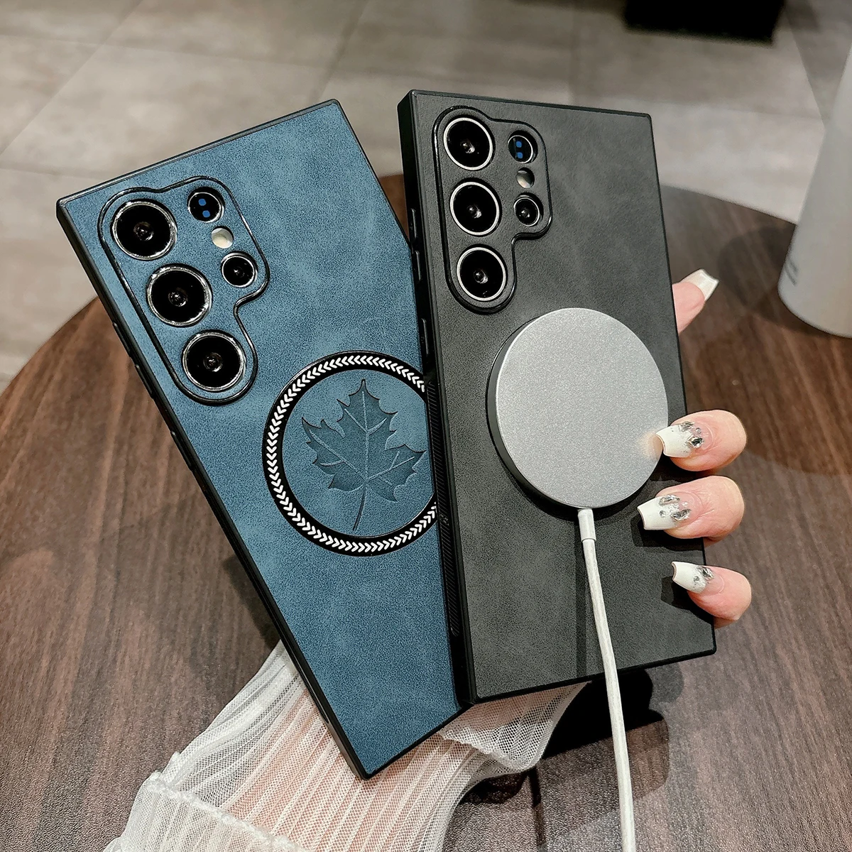Funda magnética de hoja de arce para Samsung Galaxy S26 S25 S24 S23 S22 S21 Ultra Plus FE Note20 Funda de cuero Magsafe carcasa completa para cámara - imagen 5