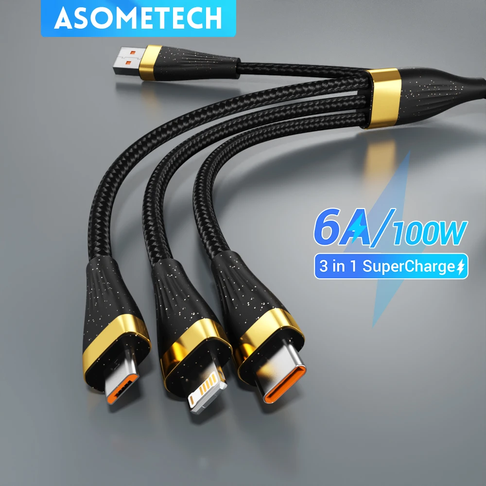 ASOMETECH-Cable de carga USB 3 en 1, accesorio de 6A y 100W para Huawei/Honor, Micro USB portátil tipo C, para iPhone 14 Y Samsung