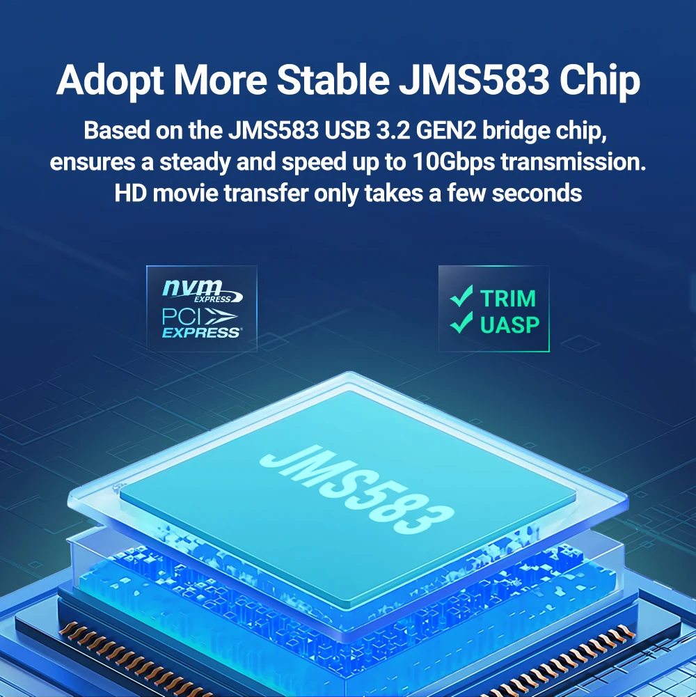 Un anuncio azul y blanco para un chip JMS583