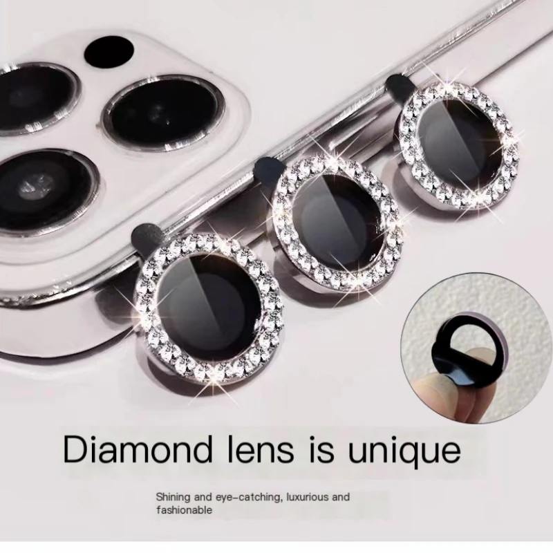 Protector de lente de cámara de diamante brillante para iPhone 14 Pro Max Plus 13 12 Mini 14Pro, película de protección de vidrio templado para iPhone 15