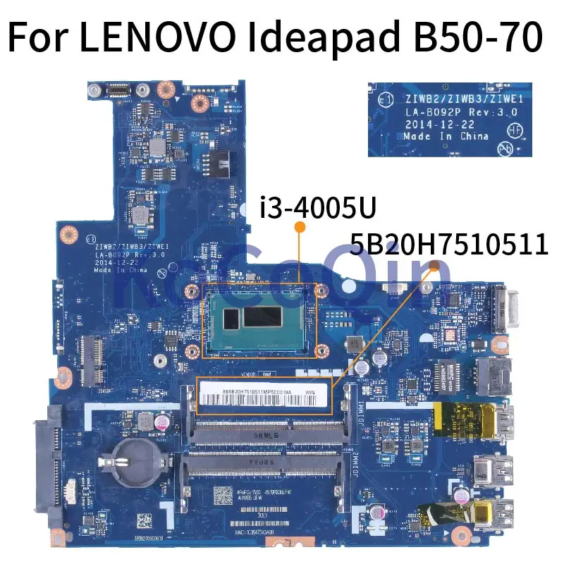 Placa base para portátil LENOVO Ideapad B50-70, I3-4005U, 5B20H7510511, ZIWB2/ZIWB3/ZIWE1, LA-B092P, SR1EK, DDR3 - imagen 2