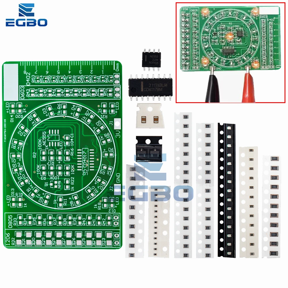 EGBO-Placa de práctica de soldadura SMD NE555 CD4017, componentes LED intermitentes giratorios, circuito electrónico de habilidad, Suite de entrenamiento, Kit de bricolaje - imagen 5
