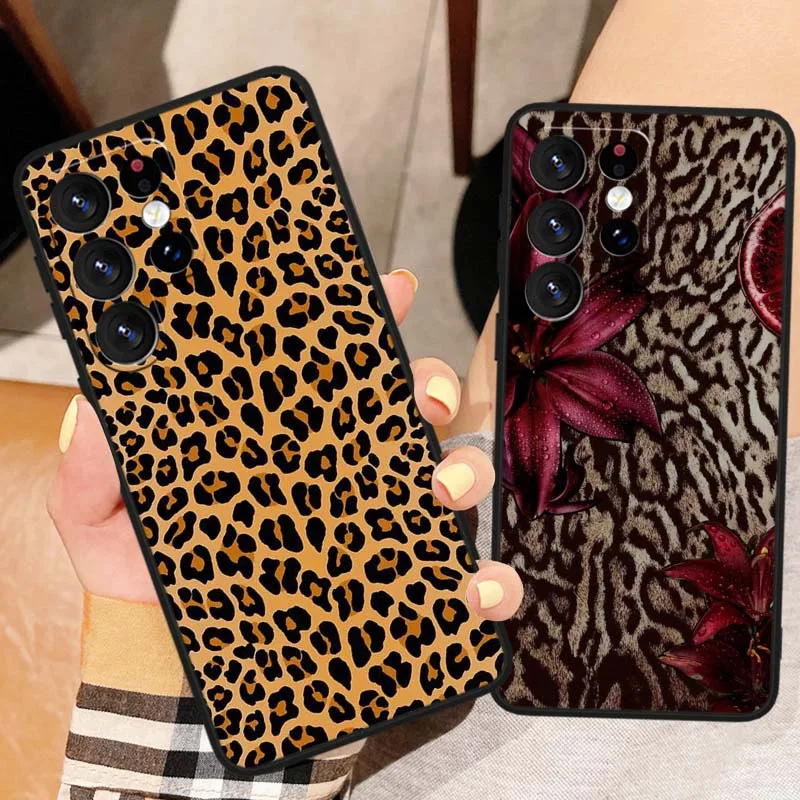 Patrón de estampado de leopardo para Samsung Galaxy S25 S24 S23 S22 S21 S20 S10 S9 S8 FE Lite Ultra Plus 5G funda de teléfono negra - imagen 2