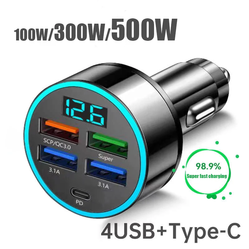 Utilizado para cargador de coche, enchufe de conversión de encendedor de cigarrillos para teléfono móvil, interfaz USB de carga súper rápida de cinco orificios para coche, 100/300/500W - imagen 2