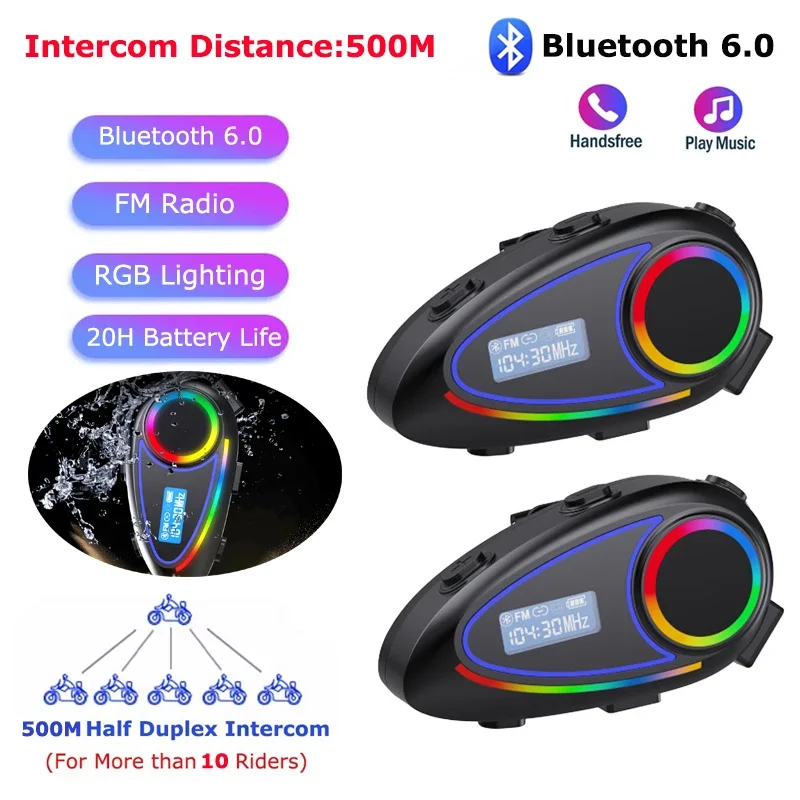 Intercomunicador para casco de motocicleta medio dúplex de 500M, auriculares impermeables con Radio FM, intercomunicador para compartir música, Bluetooth 6,0, luz RGB - imagen 2