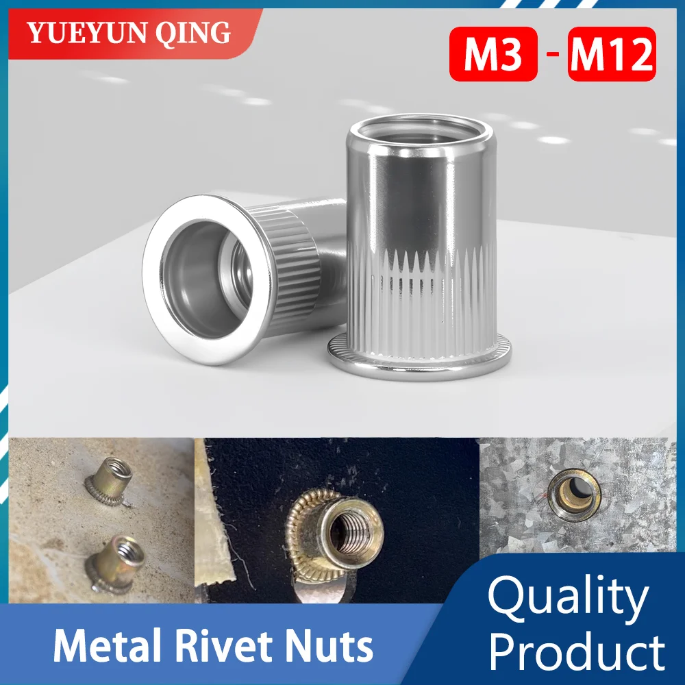 Tuercas de remaches de cabeza plana de acero inoxidable M3 M4 M5 M6 M8 M10 M12, tuerca Rivnut de acero al carbono, herrajes de sujeción de chapa de aluminio