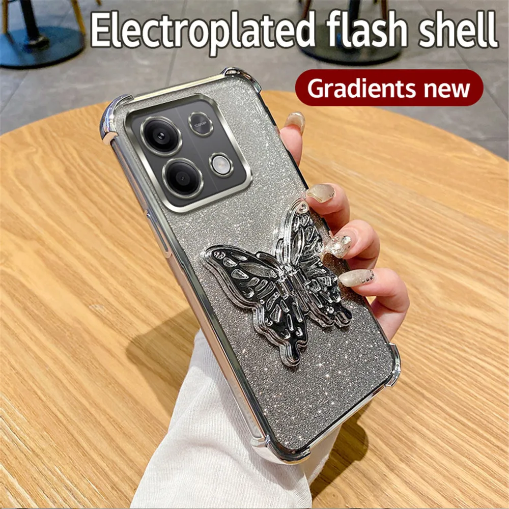 Funda de teléfono con soporte de mariposa a prueba de golpes para Xiaomi Redmi Note 14 Pro Plus 14C 4G 5G 14T POCO X7 Pro cubierta de silicona con brillo degradado