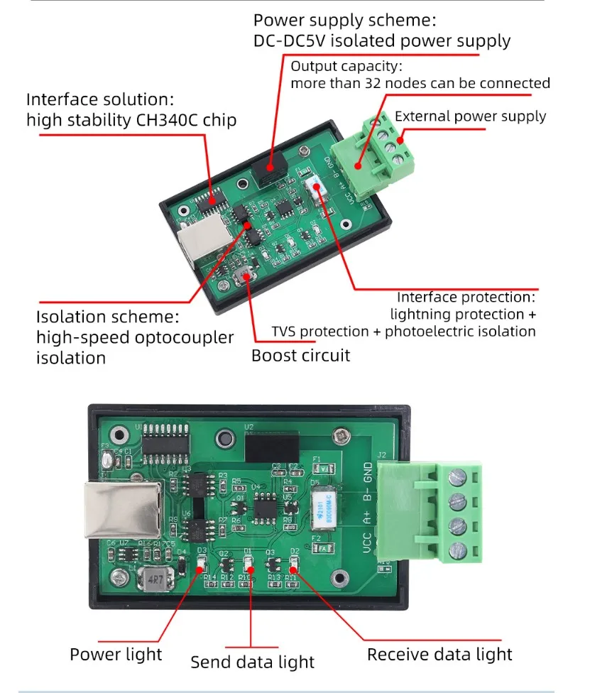CABLE convertidor serie VCC, adaptador aislado USB a RS485, CH340, 5v, 12V - imagen 3