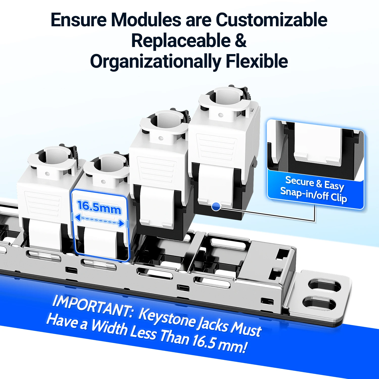 Panel de conexión Keystone en blanco AMPCOM 0.5U, 24 puertos de montaje en rack o en pared de 19 pulgadas con panel de gestión de cables trasero para cable Ethernet - imagen 2