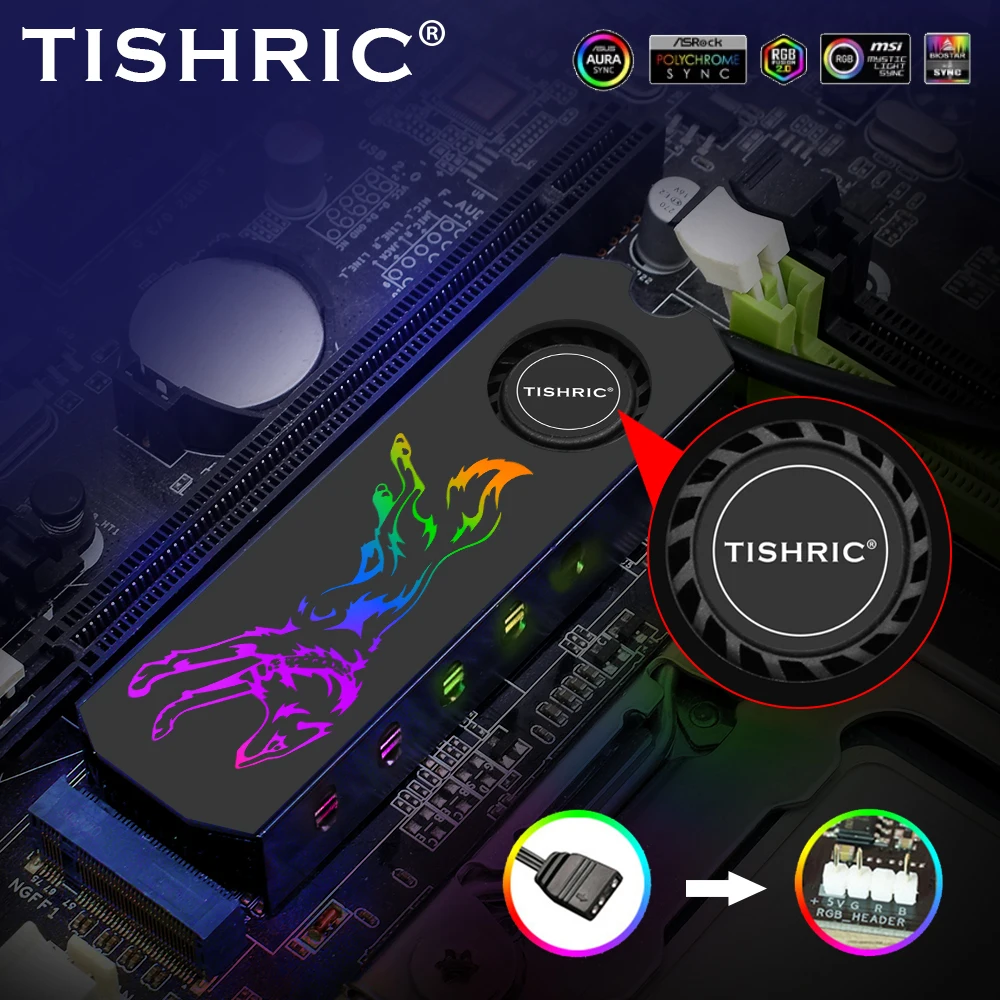 Radiador TISHRIC ARGB SSD M2 con ventilador para M.2 2280 NVMe NGFF SSD disipador de calor de disco duro 3 pines 5V con almohadilla térmica para PC de escritorio fresco