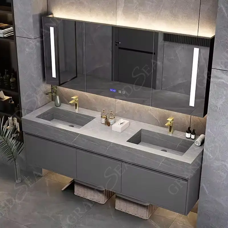 Muebles de baño de lavabo doble listos y vanidades ligeras, mueble de tocador de baño de lujo moderno - imagen 2