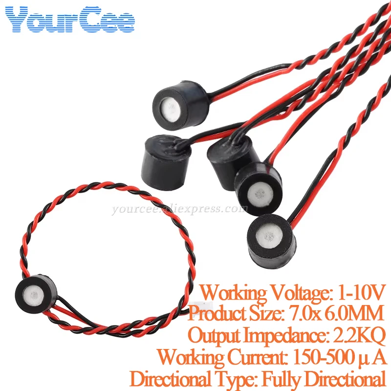 50 uds/2 uds micrófono 6050 aislamiento impermeable micrófono condensador Electret capacitivo 6MM 6*5MM cable de línea omnidireccional 2P 1,25 MM