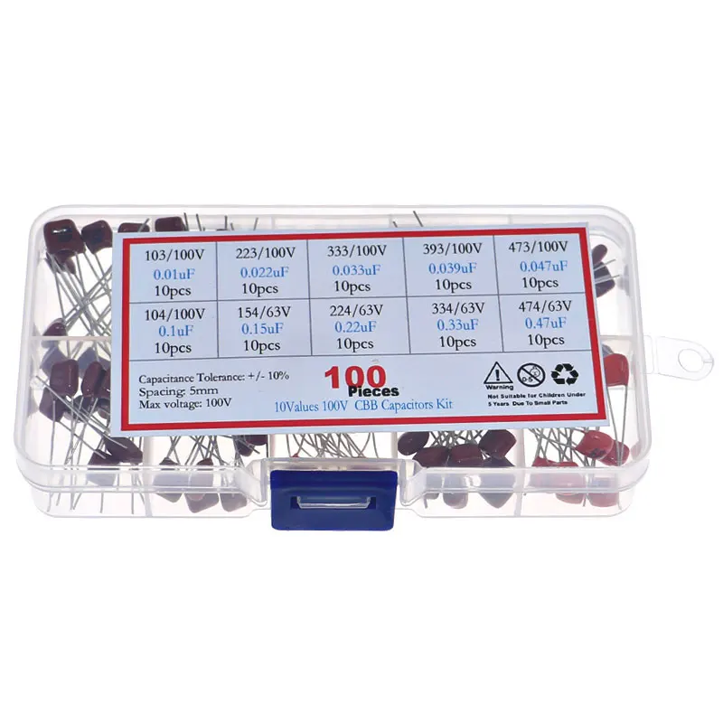 Condensadores de película de poliéster metalizado, kit de mezcla de condensadores de 100V CBB de 10 valores, 10NF 22NF 33NF 39NF 47NF 100NF 150NF 220NF 330NF 470NF, 100 Uds - imagen 2