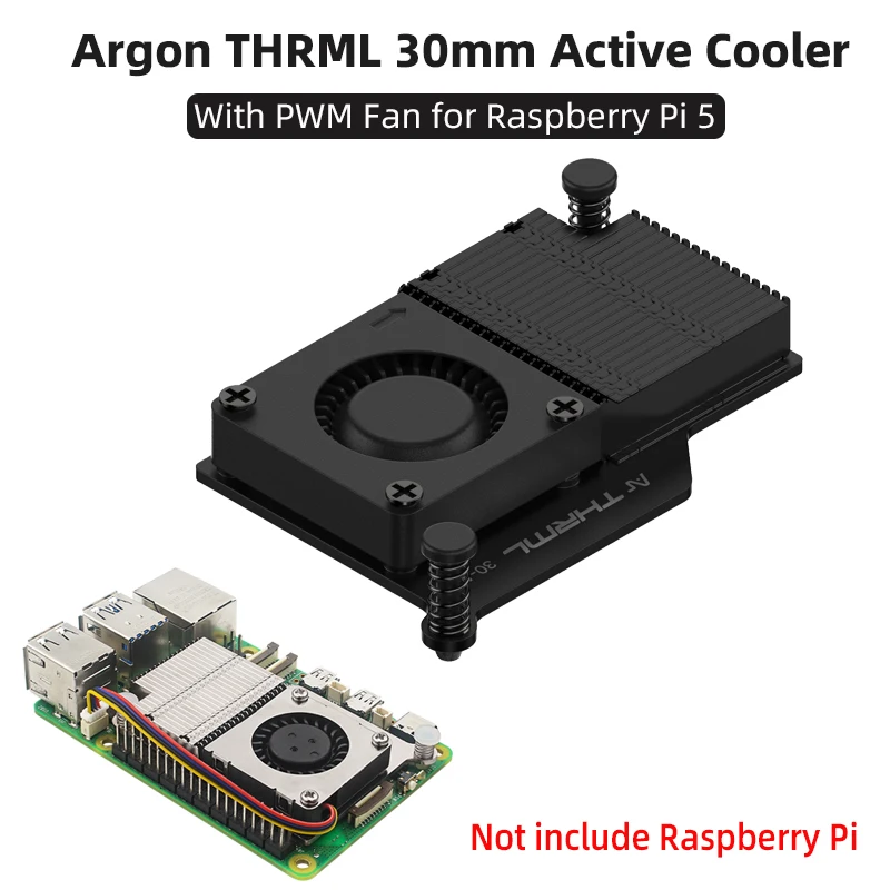 Enfriador activo de 30mm de espesor de argón para Raspberry Pi 5, ventilador PWM de refrigeración activa, radiador de aluminio de refrigeración pasiva para RPi 5 Pi5