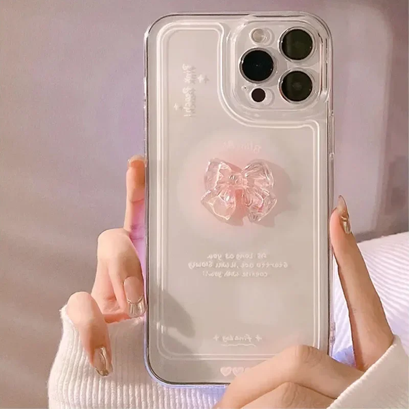 Funda de teléfono transparente con lazo de cristal 3D coreano para iPhone 16 15 14 Pro Max 13 12 11 Pro Mini X XR XS Max 7 8 16 Plus SE 2022 funda suave