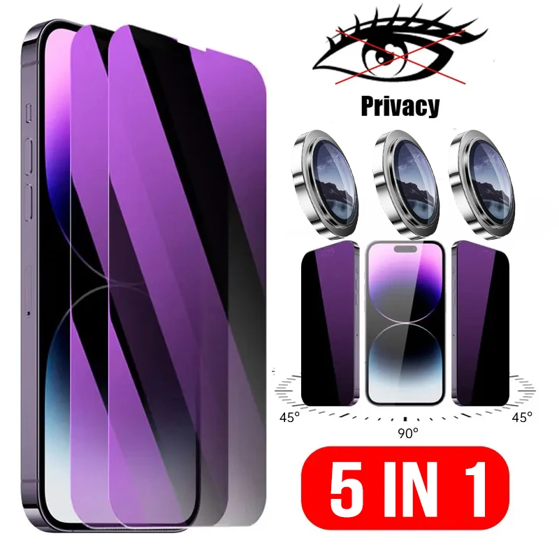 5 en 1 [2 vidrio púrpura + 3 tapas de lentes] Protector de pantalla de privacidad antiespía para iPhone 16 15 14 Plus 13 12 Mini Pro Max película templada