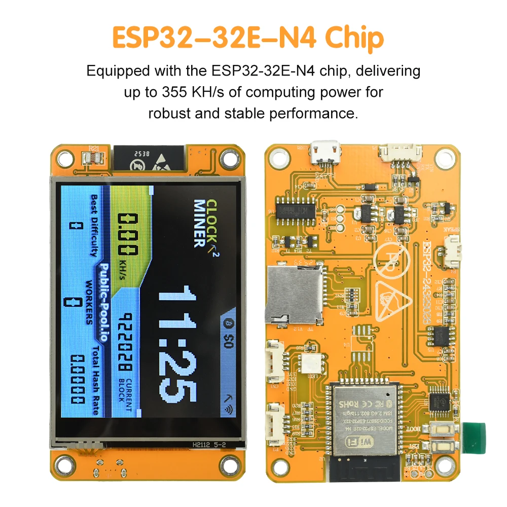 NerdMiner V2 Hashrate, Pantalla Inteligente, Crypto Solo, Lotería, Nerd Miner, Bitcoin Miner ESP32-2432S028, 355KH/s, Micro USB de 2,8 pulgadas