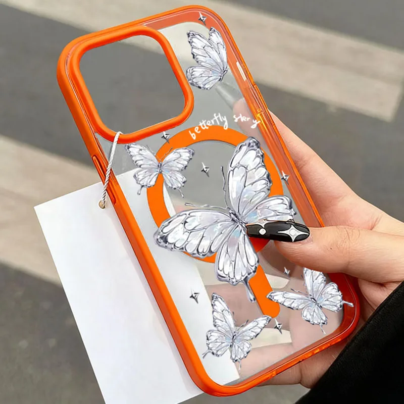 Para Magsafe caja de teléfono con patrón de mariposa de carga inalámbrica para iPhone 17 16 15 14 13 12 11 Pro Max 16 Plus Air 17 cubierta magnética