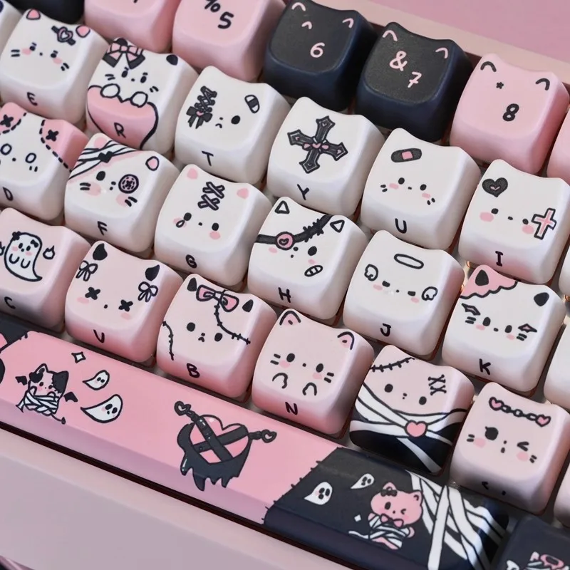 Lindo encanto negro cabeza de gato Keycap Set dibujos animados sublimación de calor juego Teclado mecánico Keycap Compatible con Wooting 68ace - imagen 3