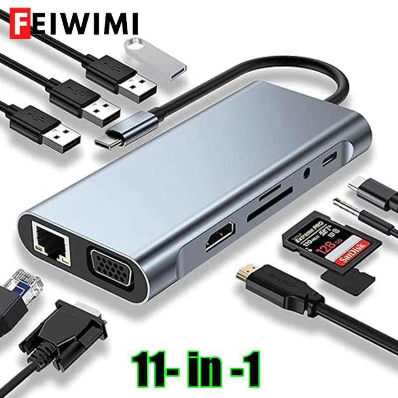 HUB USB-C 7 en 1: HDMI 4K VGA Lector SD/TF Ethernet PD MacBook iPad