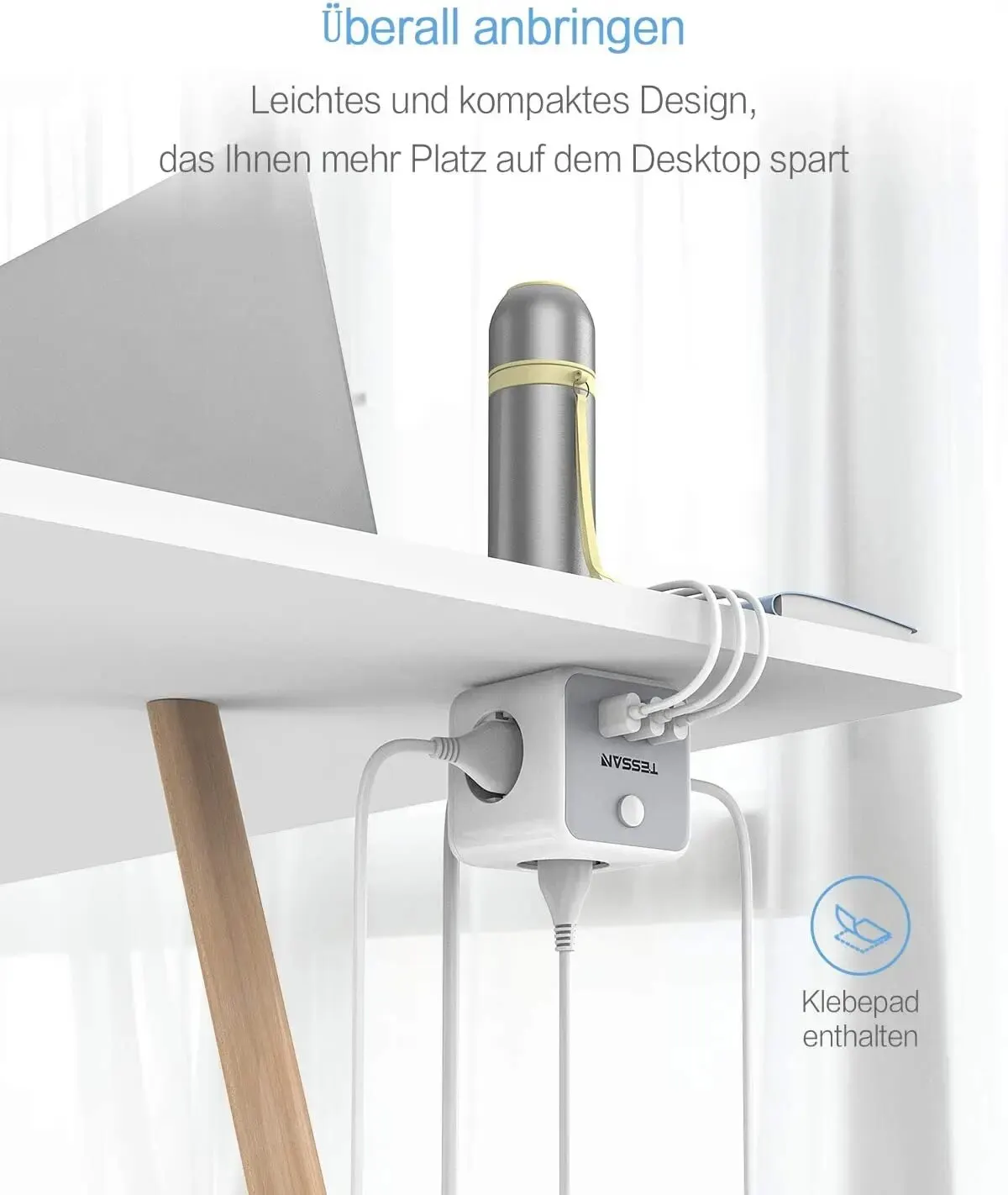 TESSAN-regleta de alimentación USB Cube con 3 salidas de CA, 3 puertos USB, Cable de extensión de 1,5 M, adaptador de corriente multienchufe con interruptor para el hogar - imagen 5