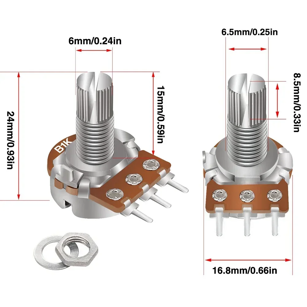 Potenciómetros lineales WH148 de 3 pines, 15mm, 100K-1M Ohm, eje de resistencias variables, interruptores cónicos de película de carbono rotativos de una sola vuelta, 5 uds. - imagen 4