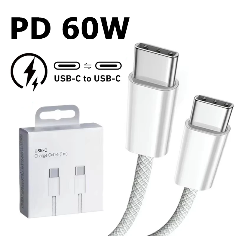 Cable de 60W PD USB-C a tipo C para iPhone 15 Plus 16 Pro Max 16e Samsung Xiaomi Redmi POCO Huawei Cable de datos trenzado de carga rápida