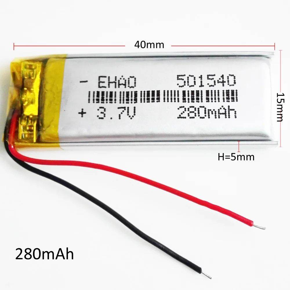 Batería recargable LiPo de 3,7 V, 280mAh, 501540 + JST, enchufe de 2 pines para navegador GPS, grabadora, altavoz, GPS, Bluetooth, luz Led - imagen 2