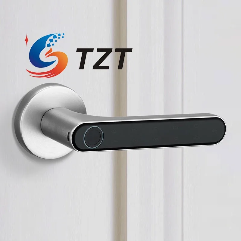 TZT-cerradura inteligente con huella dactilar para puerta, dispositivo de cierre biométrico con manija para casa, apartamento y Hotel, color gris/Negro/dorado/plateado - imagen 4