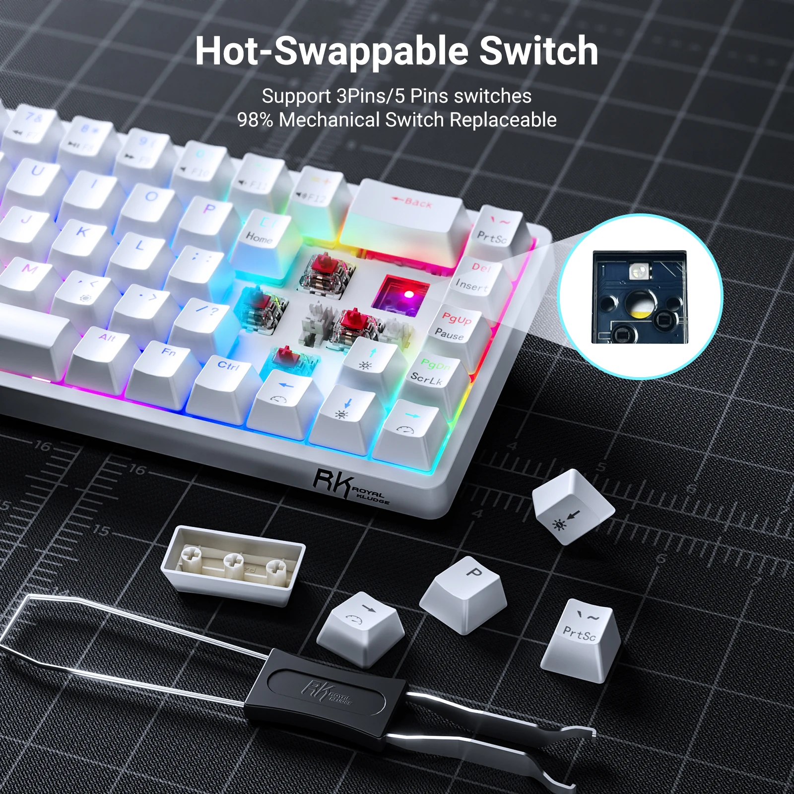 Teclado mecánico RK Royal Kludge RK837 en español, 68 teclas, retroiluminación RGB al 65 %, intercambiable en caliente, inalámbrico 2,4 GHz, Bluetooth para juegos - imagen 3