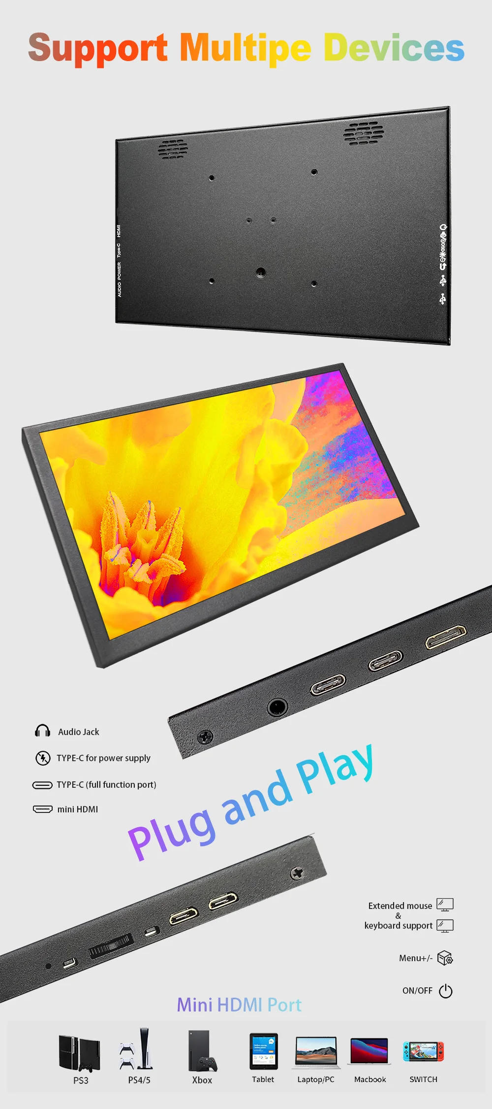 LESOWN pantalla portátil pequeña 10,1 pulgadas 2560x1600 IPS HDMI tipo C pantalla táctil Monitor de ordenador para juegos CCTV Raspberry Pi PC - imagen 3