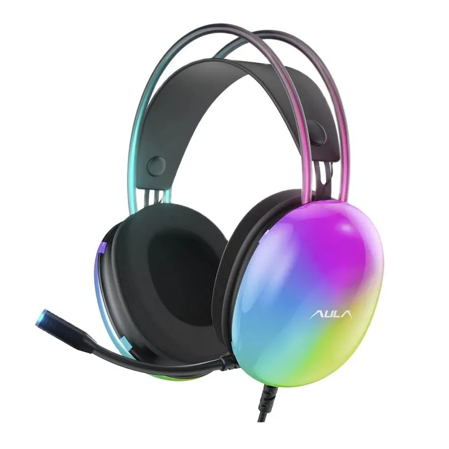 Auriculares gaming AULA S505 con diadema RGB transparente iluminada sobre un escritorio