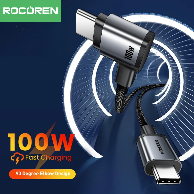 Rocoren Cable USB tipo C de 90 grados codo tipo C USBC PD100W Cable de carga rápida para iPhone 15 Pro Samsung Xiaomi Cable de datos