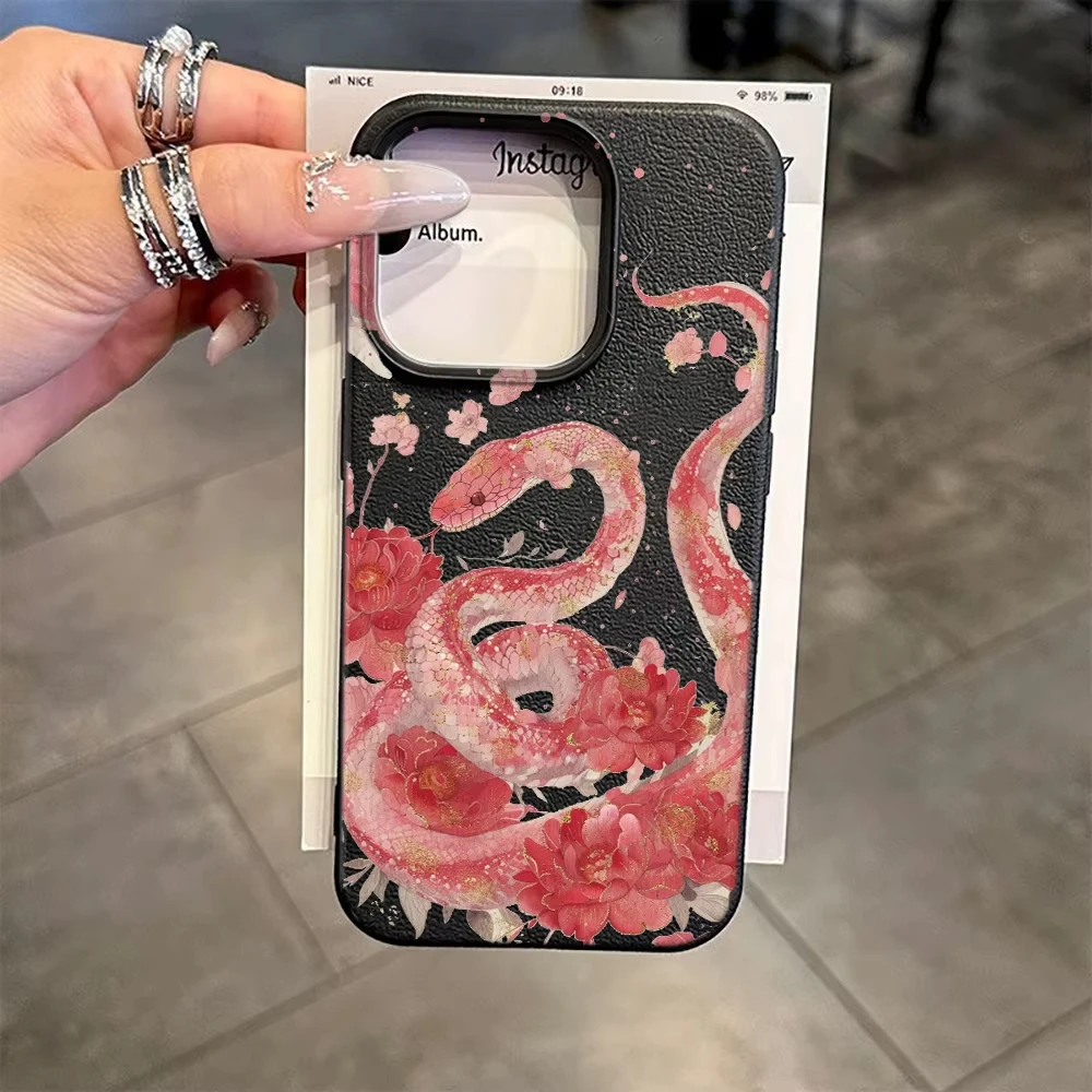 Funda de teléfono con diseño de serpiente rosa para iPhone 17 16 Pro Max 15 14 Plus 11 12 13 Pro Max X XR XS Max 17 Air, funda trasera de piel sintética - imagen 3