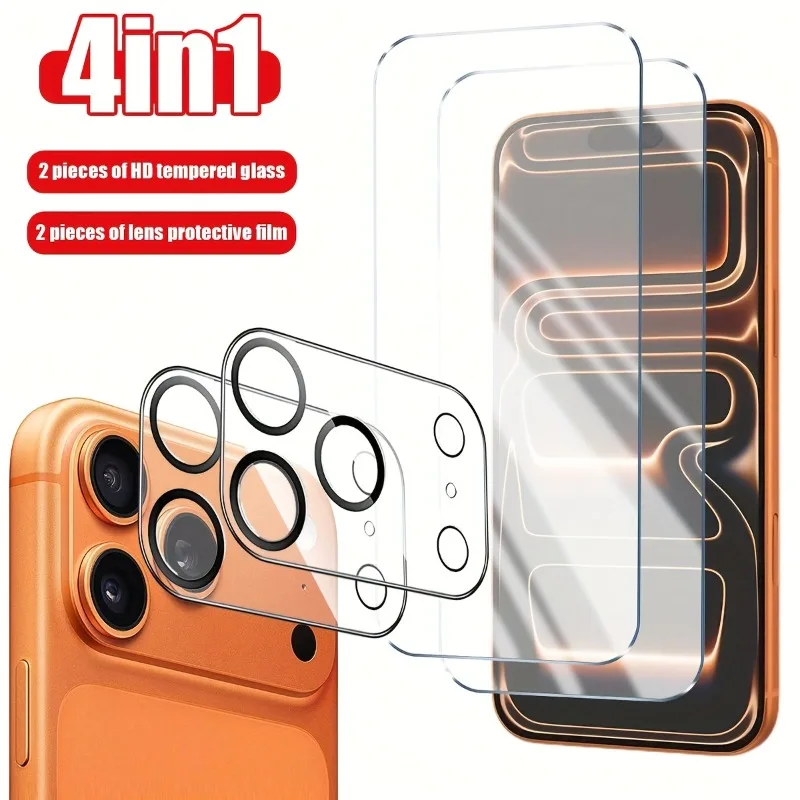 2 uds HD vidrio templado transparente con 2 uds película de lente de cámara para iphone 17 16 15 14 Pro Max 13 12 11 Pro Mini 16e Air 16 15Plus vidrio