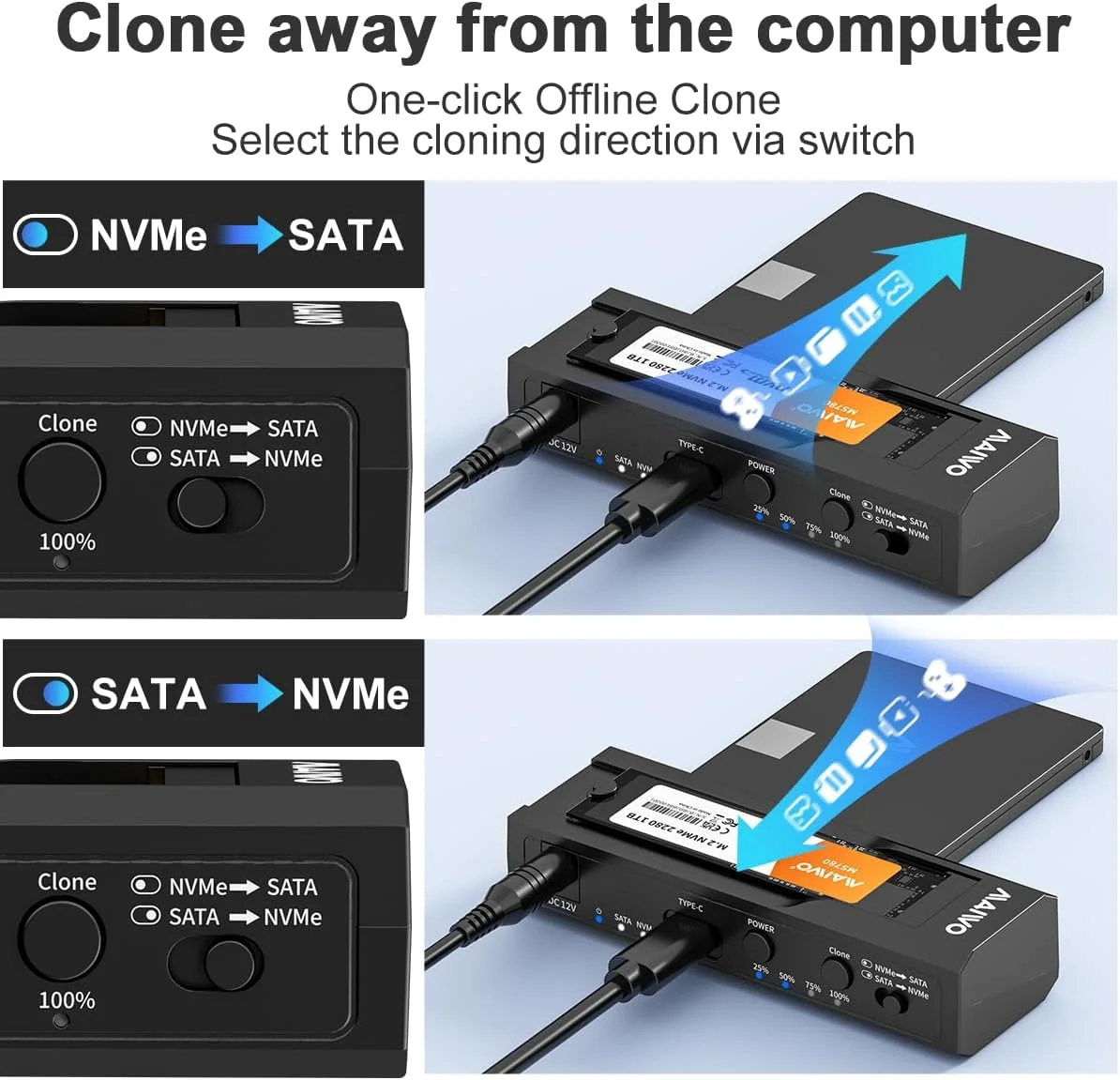 MAIWO 10Gbps Dual-Bay M.2 NVMe SSD caja protocolo Dual 2,5 "3,5" HDD SSD caja M2 NVME SSD estación de acoplamiento con clon de oficina - imagen 5