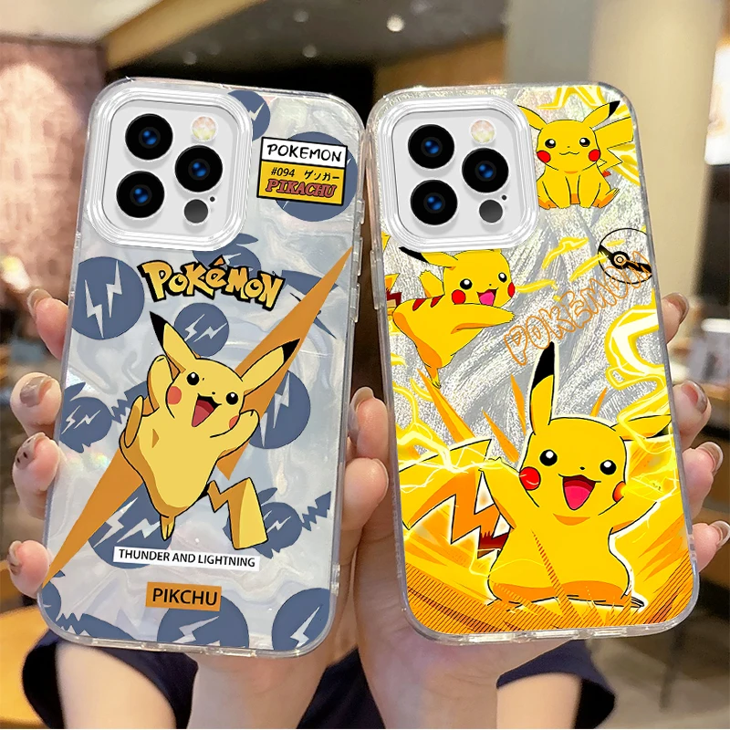 Funda de teléfono de dibujos animados de Pokemon Pikachu para iPhone 16 15 14 13 12 11 8 7 6 Pro Max Plus XS XR cubierta trasera dura a prueba de golpes de hilo de plumas