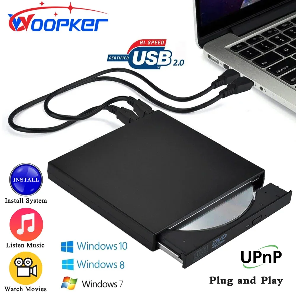 Woopker USB 2,0 reproductor de DVD externo unidad de CD Mp3 música películas lector portátil para Windows 7/ 8/ 10 ordenador portátil de escritorio