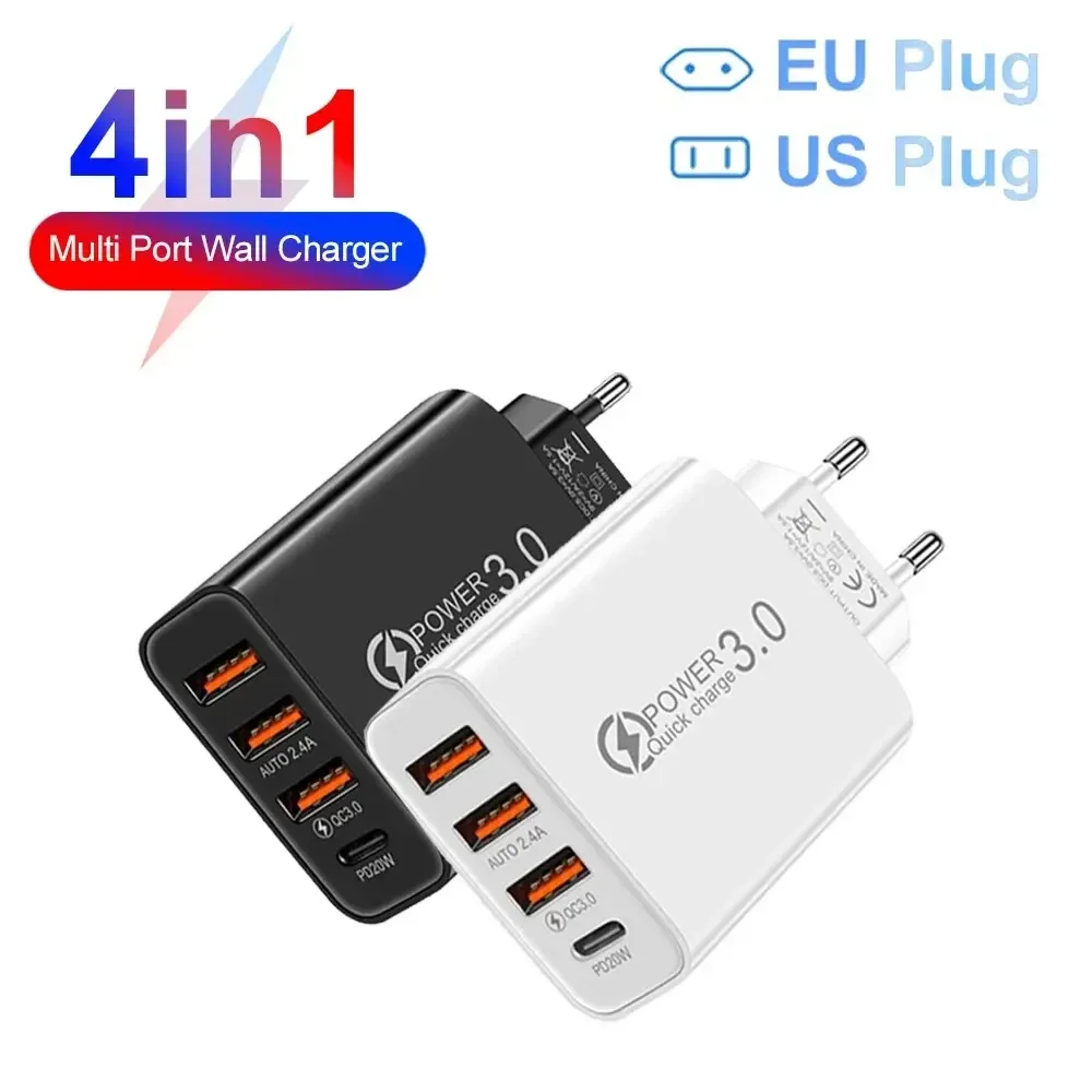 Total 60W USB C cargador Multi 4 puertos 3USB PD tipo C carga rápida carga rápida Universal adaptador de corriente de pared de viaje