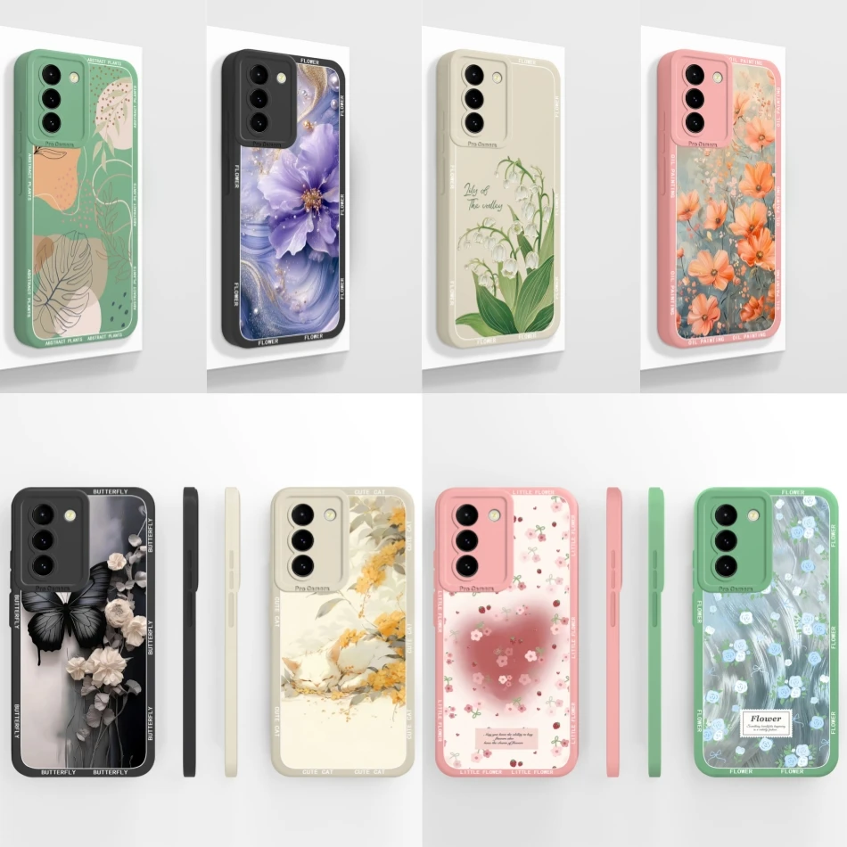 Para Samsung Galaxy S21 Plus Ultra S21FE Funda de teléfono con estampado Floral Funda de protección completa para GalaxyS21 Funda de silicona líquida suave