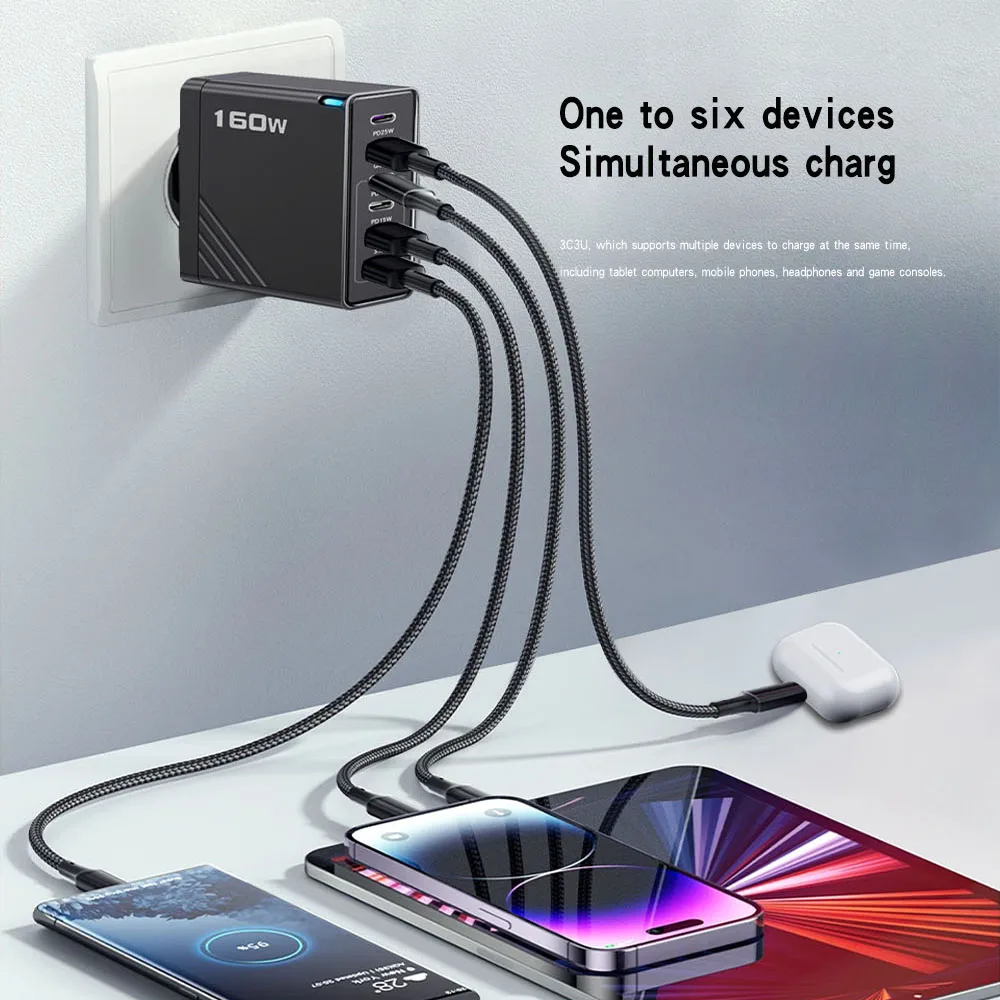 Total 160W 6 puertos carga rápida QC3.0 cargador de viaje para iPhone 16 15 Samsung Xiaomi UE EE. UU. Reino Unido enchufe adaptador de pared para teléfono móvil - imagen 4